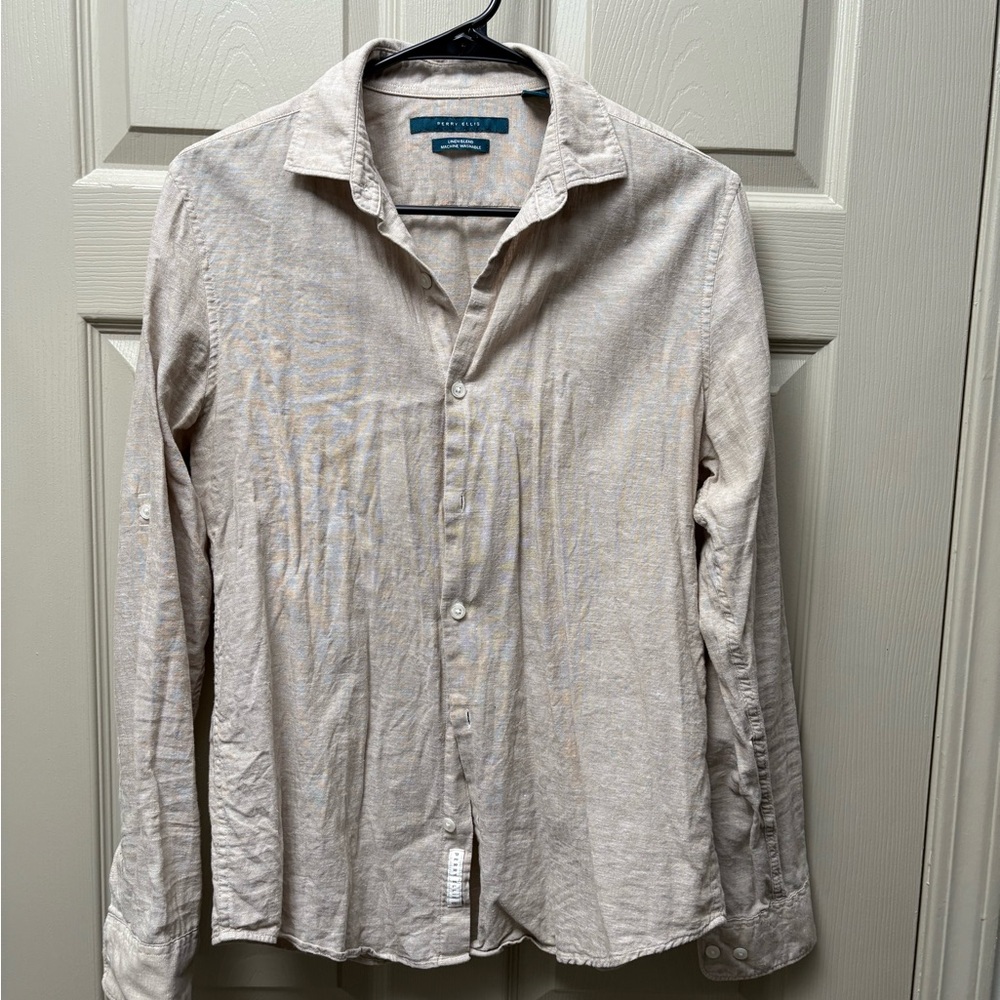 Perry Ellis Beige Linen/Cotton Button-Up Shirt